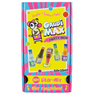 Gaudi Max Party Box assortiert 5 Aromen 16 - 17% Vol., Pack zu 50 Portionen x 2 cl Gaudi Max Party Box assortiert 5 Aromen 16 - 17% Vol., Pack zu 50 Portionen x 2 cl
