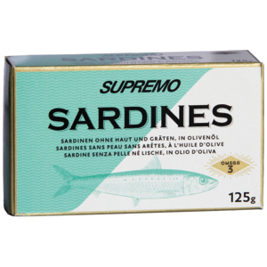 Supremo Sardinen ohne Haut, grätenarm, 125 g Supremo Sardinen ohne Haut, grätenarm, 125 g