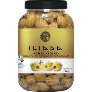 Iliada grüne Oliven entkernt mariniert mit Zitronensaft, 1,45 kg Iliada grüne Oliven entkernt mariniert mit Zitronensaft, 1,45 kg