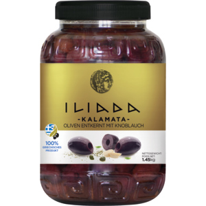 Iliada Kalamata Oliven entsteint mariniert mit Knoblauch, 1,45 kg Iliada Kalamata Oliven entsteint mariniert mit Knoblauch, 1,45 kg