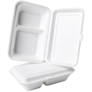 Menüschale 2-geteilt, Zuckerrohr,  250 x 9 x 162 x 48/63 mm, weiss, Pack zu 50 Stück