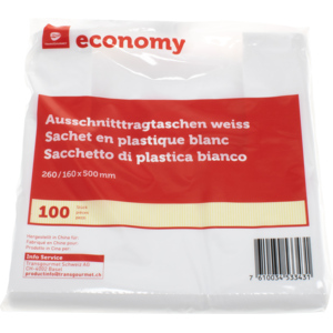 Economy Ausschnitttragtaschen weiss, 260/160 x 500 mm, Pack zu 100 Stück Economy Ausschnitttragtaschen weiss, 260/160 x 500 mm, Pack zu 100 Stück