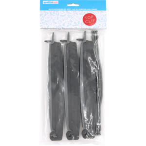 Top Clip Beutelverschluss 29 cm, anthrazit, Kopfkarte mit Euroloch, 14 x 8 cm, Beutel à 3 Stück Top Clip Beutelverschluss 29 cm, anthrazit, Kopfkarte mit Euroloch, 14 x 8 cm, Beutel à 3 Stück