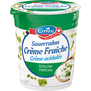 Emmi Crème fraîche, Sauerrahm mit Kräutern 30%, pasteurisiert, 180 g Emmi Crème fraîche, Sauerrahm mit Kräutern 30%, pasteurisiert, 180 g
