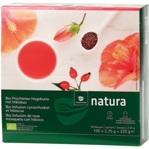 Natura Bio Hagebutten-Hibiskustee im Aromaschutzbeutel, 100 x 2,25 g Natura Bio Hagebutten-Hibiskustee im Aromaschutzbeutel, 100 x 2,25 g