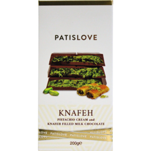 Milchschokolade gefüllt mit Knafeh und Pistazienpaste, 200 g Milchschokolade gefüllt mit Knafeh und Pistazienpaste, 200 g