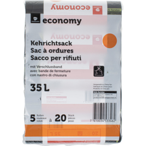Economy Kehrichtsack R-Logo mit Verschlussband 35 l Pack zu 5 Rollen x 20 Stück