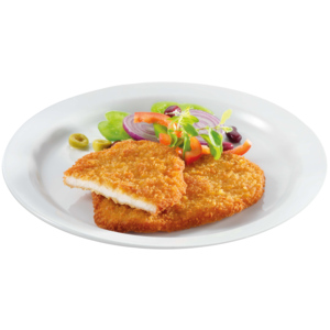 Fredag Poulet Schnitzel, geformt, paniert, frittiert, tiefgekühlt, Brasilien, 100 g, 1 kg Fredag Poulet Schnitzel, geformt, paniert, frittiert, tiefgekühlt, Brasilien, 100 g, 1 kg