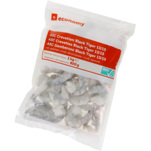 Economy ASC Crevetten Black Tiger, geschält, entdarmt, 13/15, tiefgekühlt, 1 kg Economy ASC Crevetten Black Tiger, geschält, entdarmt, 13/15, tiefgekühlt, 1 kg