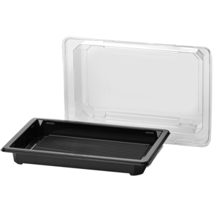 Sushi Platte rPET mit Deckel, schwarz 166x115x20mm, 300 Stück Sushi Platte rPET mit Deckel, schwarz 166x115x20mm, 300 Stück