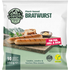 The Green Mountain Plant-based Bratwurst, tiefgekühlt, 3 x 10 x 115 g The Green Mountain Plant-based Bratwurst, tiefgekühlt, 3 x 10 x 115 g