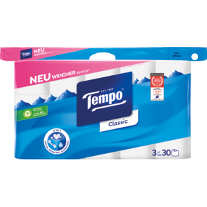 Tempo Toilettenpapier Classic, 3-lagig, weiss, 150 Blatt, 30 Rollen Tempo Toilettenpapier Classic, 3-lagig, weiss, 150 Blatt, 30 Rollen