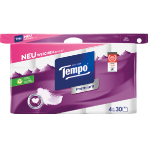 Tempo Toilettenpapier Premium, 4-lagig, weiss, 120 Blatt, 30 Rollen Tempo Toilettenpapier Premium, 4-lagig, weiss, 120 Blatt, 30 Rollen