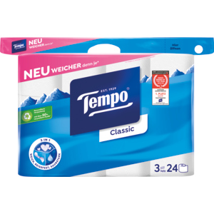 Tempo Toilettenpapier Classic, 3-lagig, weiss, 150 Blatt, 24 Rollen