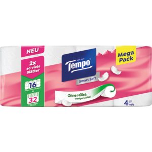 Tempo Papier hygiénique Smart Soft, 4 couches, blanc, 280 feuilles, 16 rouleaux