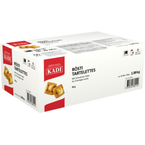 Kadi Rösti-Tartelettes, gefüllt mit Schweizer (Berg-) Käse, TK, 2 x 12 St / 2,16 kg Kadi Rösti-Tartelettes, gefüllt mit Schweizer (Berg-) Käse, TK, 2 x 12 St / 2,16 kg