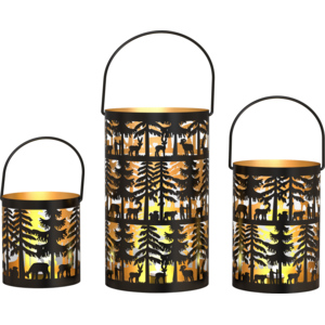 Windlicht Forest, aus Metall, schwarz gold, Set