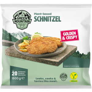The Green Mountain Plant-based Schnitzel, paniert, vegan, tiefgekühlt, 2 x 20 x 80 g The Green Mountain Plant-based Schnitzel, paniert, vegan, tiefgekühlt, 2 x 20 x 80 g