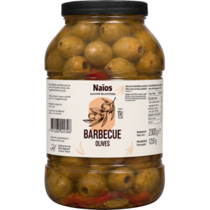 Naios Oliven grün in einer Barbecue-Marinade, 2,5 kg Naios Oliven grün in einer Barbecue-Marinade, 2,5 kg