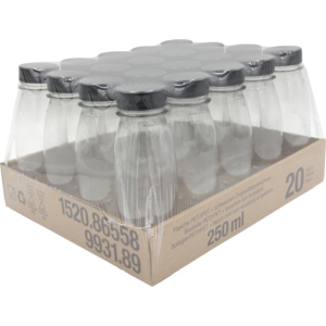 rPET Flasche, 250 ml, inkl. schwarzer Deckel, 20 Stück rPET Flasche, 250 ml, inkl. schwarzer Deckel, 20 Stück